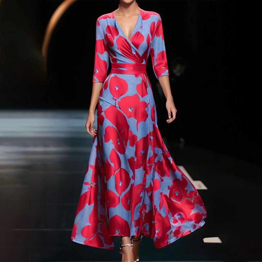 Damen Seiden VAusschnitt Blumen ALinien Kleid