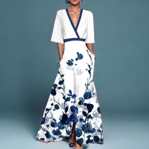 Damen Seiden V Ausschnitt Weißes Blumen Kleid