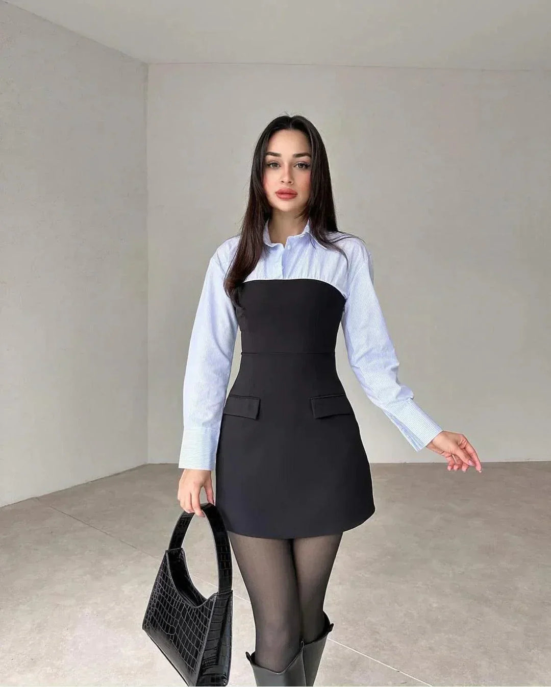 Damen Langarm Mini Hemdkleid
