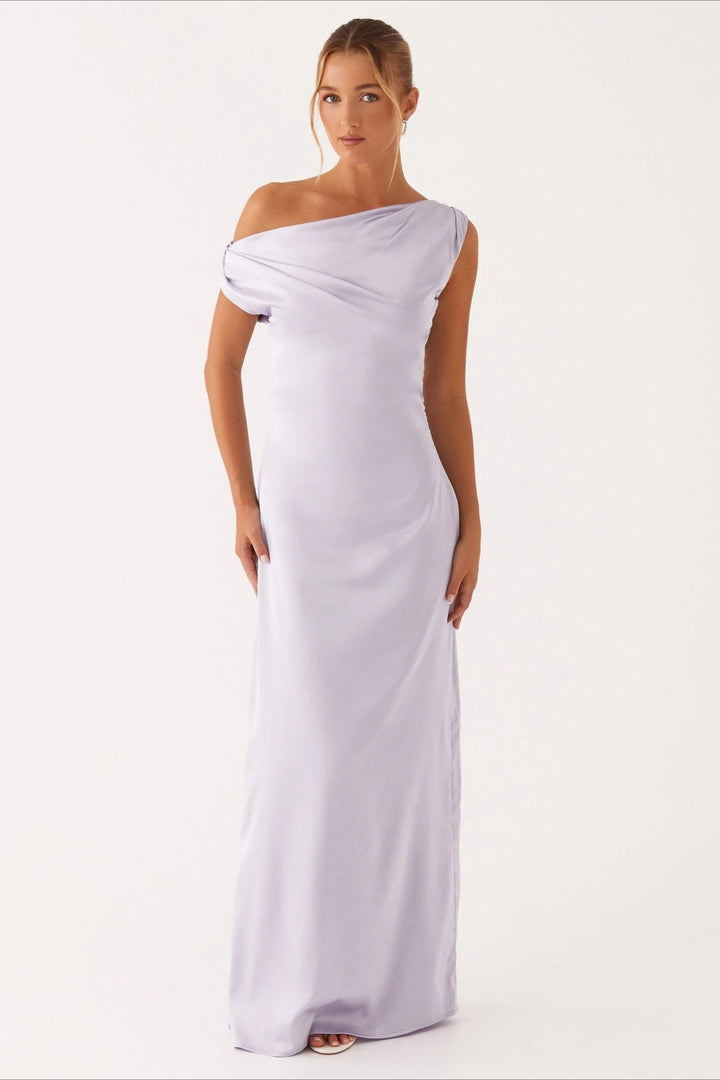 Damen Einfarbiges Maxikleid Mit Asymmetrischem Ausschnitt – Abendkleid