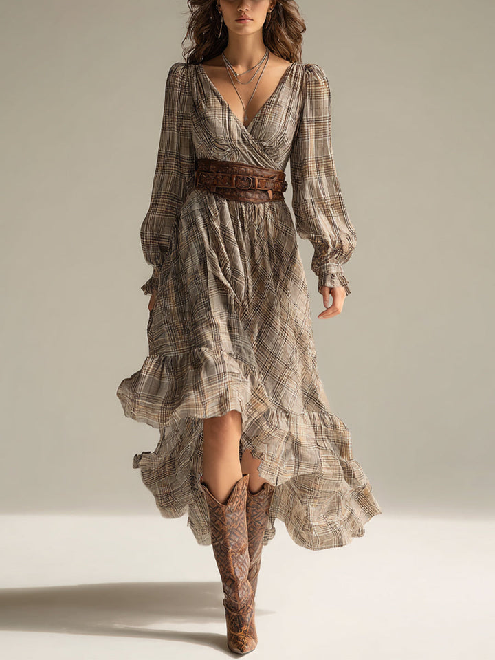 Boho-Midikleid aus Chiffon mit Karomuster und Rüschen
