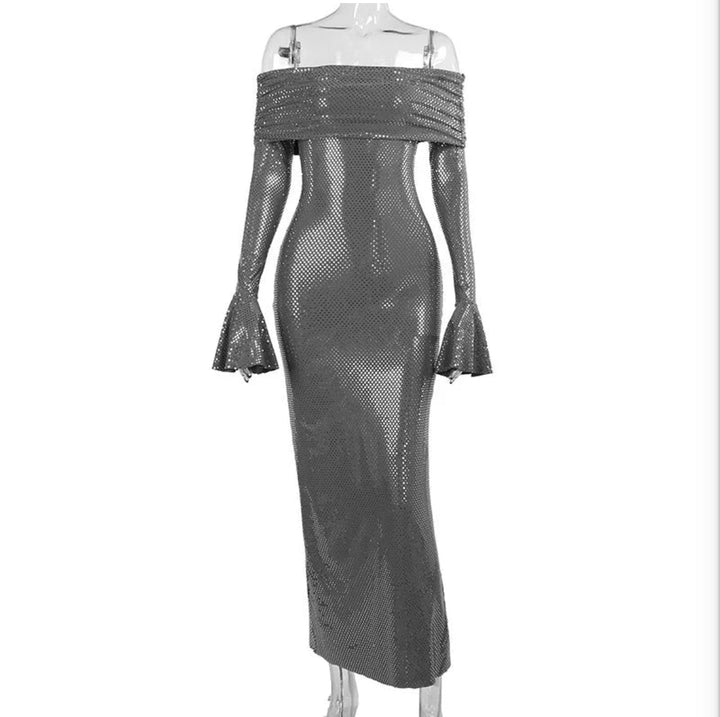 Damen Pailletten Schulterfreies Langes Kleid