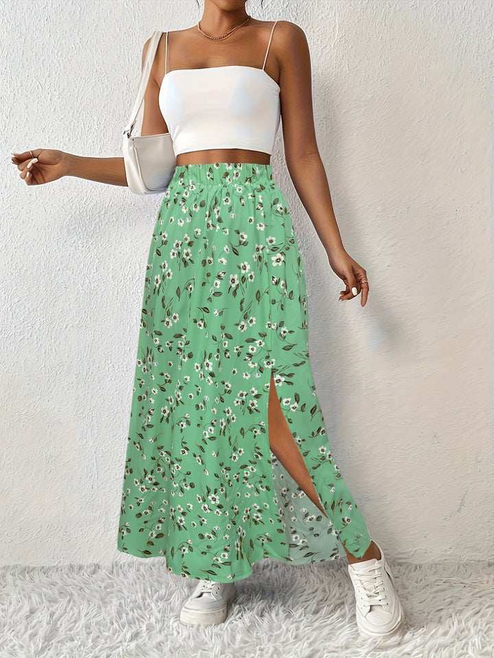 Damen-Maxirock mit hohem Bund und Blumenmuster – Leichtes Modell mit Seitenschlitz