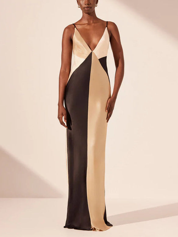 Damen Kontrast Satin V-Ausschnitt Doppelträger Maxikleid – Elegantes Abendkleid