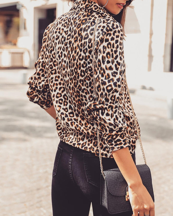 Damen Leopardenmuster Bluse – Langarm Knopfleiste Stilvolles Top