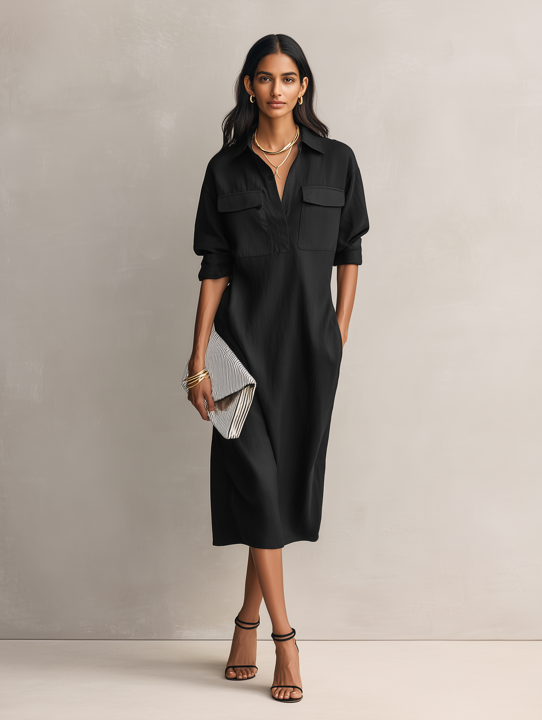 Midikleid aus Baumwoll-Leinen mit Hemdkragen