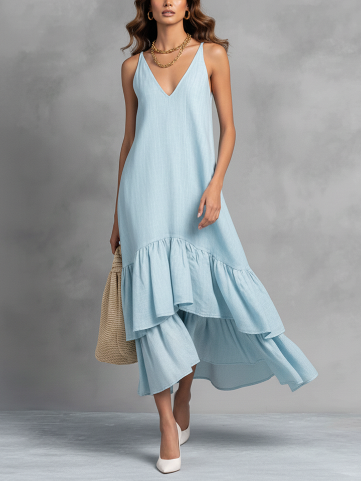 Hellblaues Maxikleid aus Baumwoll-Leinen mit Volantsaum