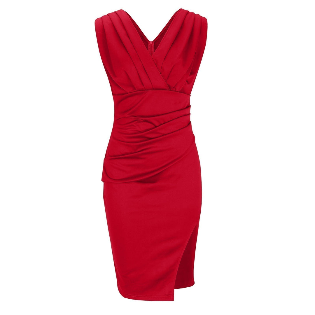 Damen V-Ausschnitt Figurbetontes Business Kleid - Kurzarm Mit Schlitz