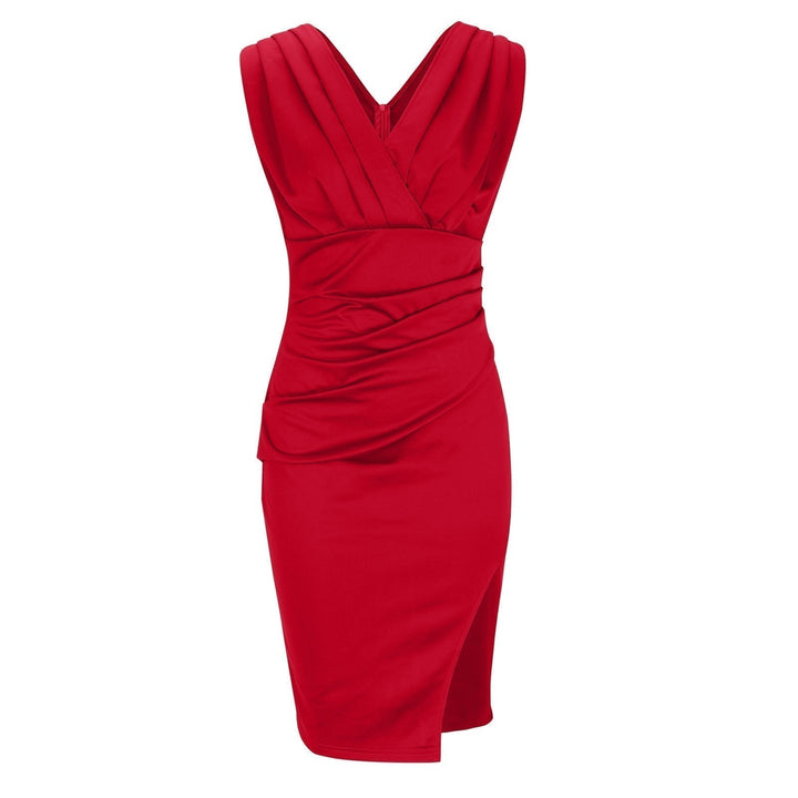 Damen V-Ausschnitt Figurbetontes Business Kleid - Kurzarm Mit Schlitz