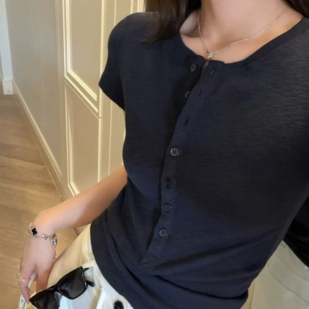 Damen Kurzarm T-Shirt Mit Knopfleiste – Lässiges Slim Fit Oberteil