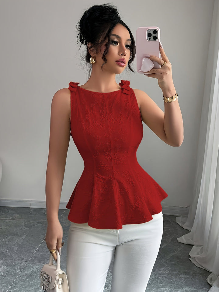 Ärmelloses, ausgestelltes Damen-Top mit Rundhalsausschnitt – Bluse mit floraler Schleife