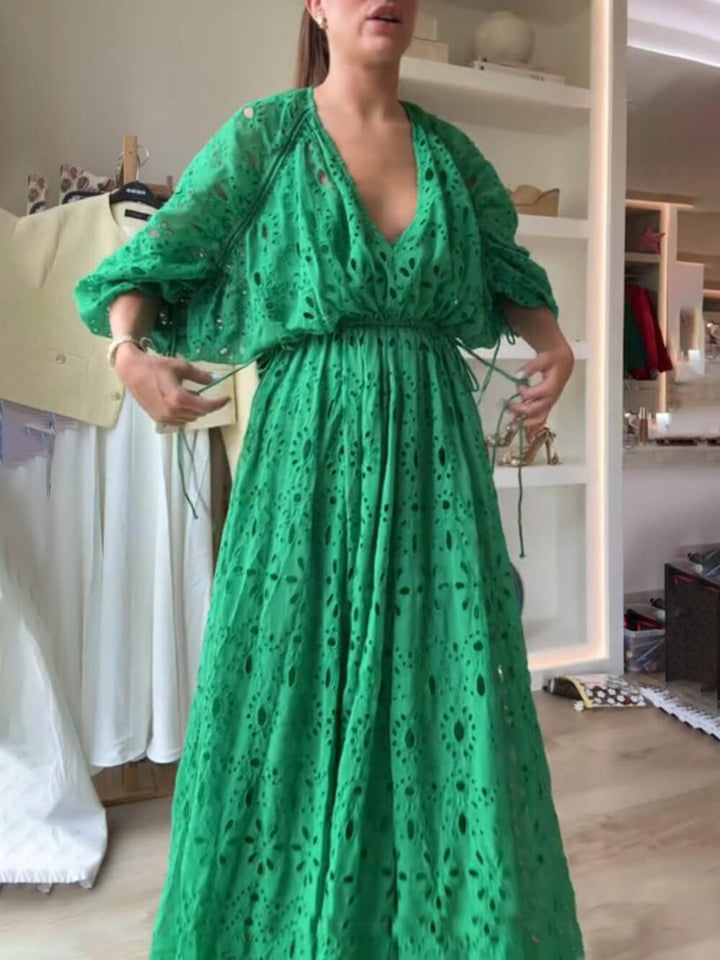 Damen V-Ausschnitt Oversize Maxi Spitzenkleid Mit Geraffter Taille – Elegantes Fließendes Kleid