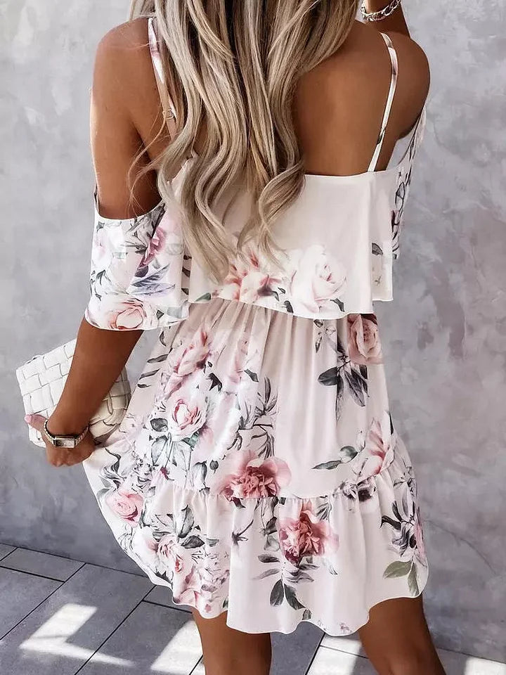 Ärmelloses, geblümtes Minikleid mit ausgestelltem Rock für Damen – Elegantes Sommerkleid für festliche Anlässe