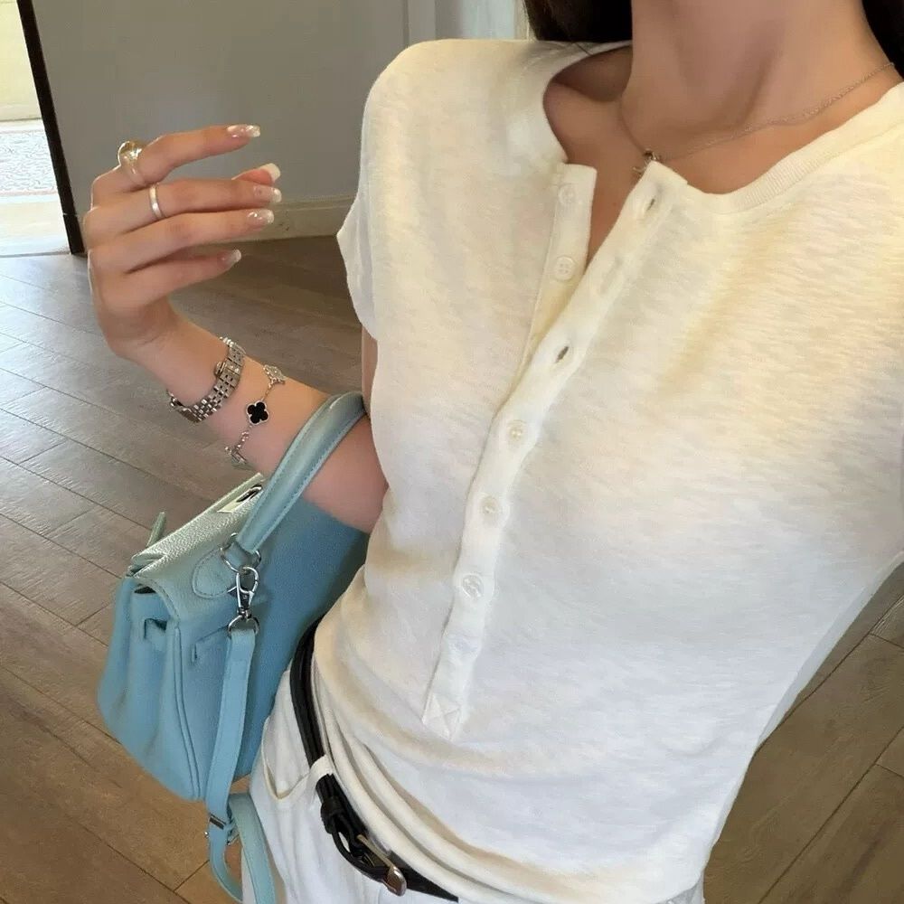 Damen Kurzarm T-Shirt Mit Knopfleiste – Lässiges Slim Fit Oberteil
