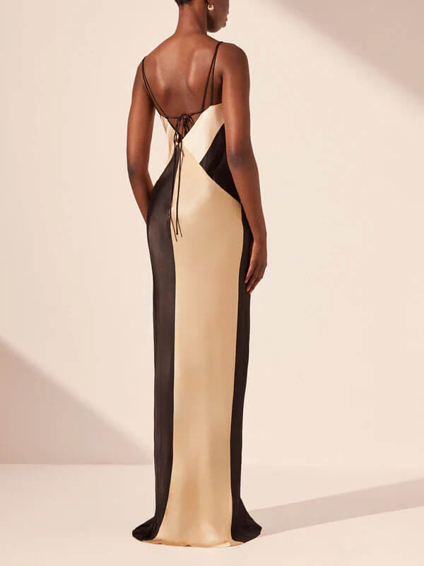 Damen Kontrast Satin V-Ausschnitt Doppelträger Maxikleid – Elegantes Abendkleid