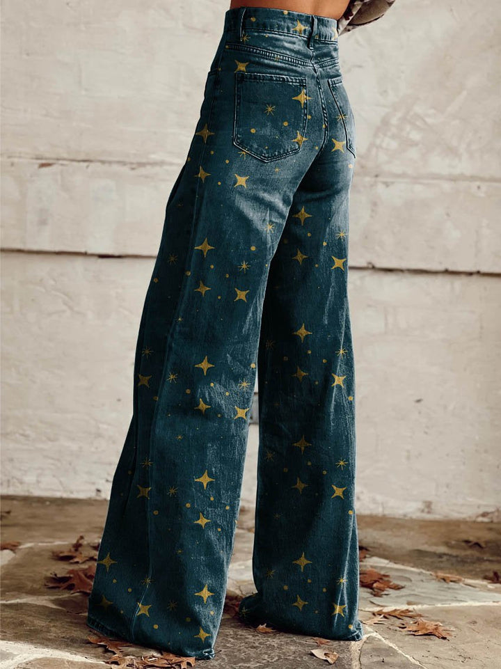 Elegante Damenhose aus bedrucktem Denim mit goldenen Sternen