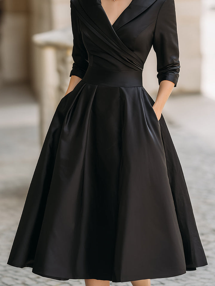 Damen Satin V-Ausschnitt Midi Kleid – Langarm Elegantes Kleid Mit Kragen