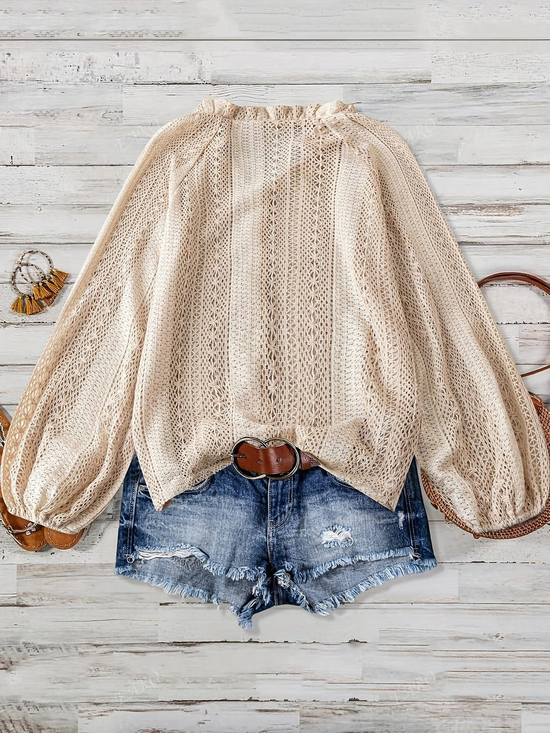 Strickbluse mit V-Ausschnitt und Knöpfen für Damen – Strickoberteil mit langen Puffärmeln