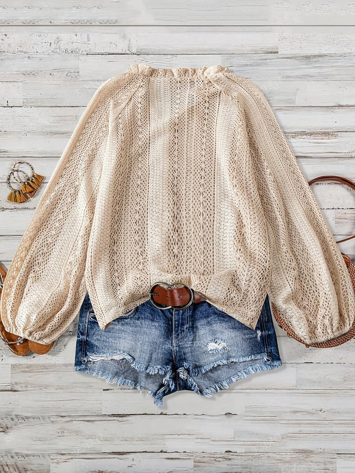 Strickbluse mit V-Ausschnitt und Knöpfen für Damen – Strickoberteil mit langen Puffärmeln