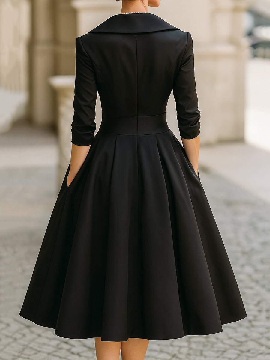 Damen Satin V-Ausschnitt Midi Kleid – Langarm Elegantes Kleid Mit Kragen