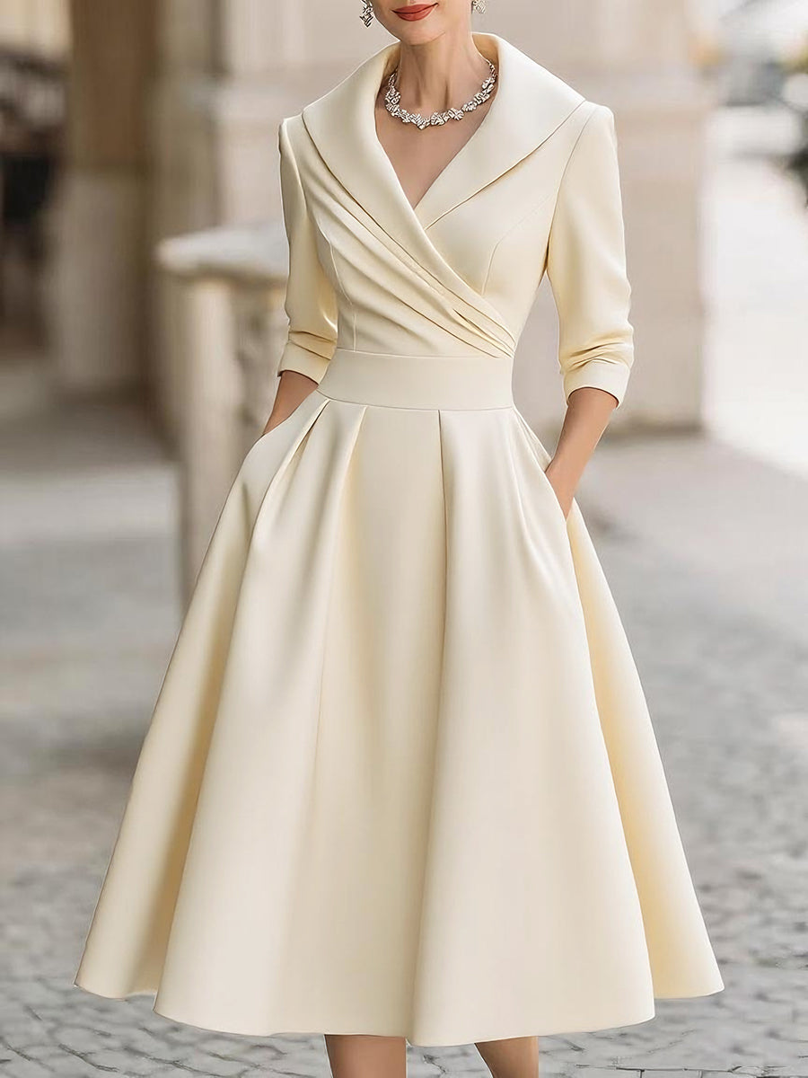Damen Satin V-Ausschnitt Midi Kleid – Langarm Elegantes Kleid Mit Kragen