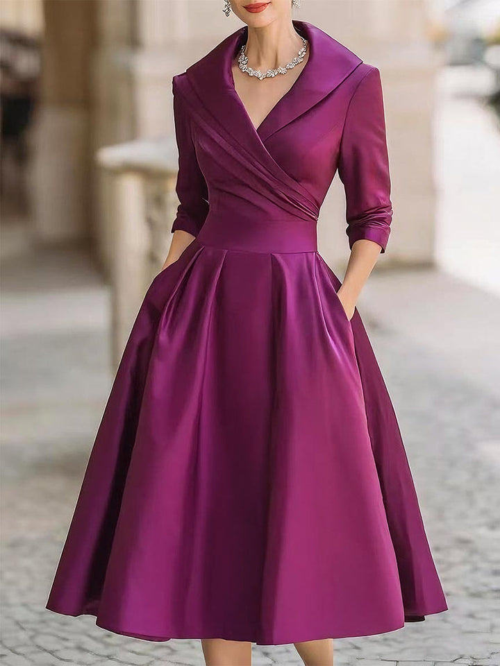 Damen Satin V-Ausschnitt Midi Kleid – Langarm Elegantes Kleid Mit Kragen