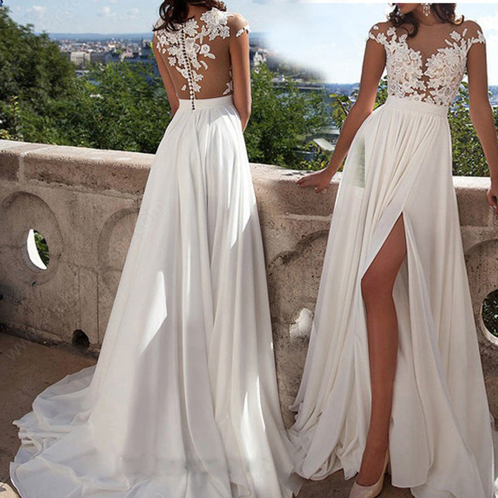 Damen Elegantes Spitzen-Oberteil Hochzeitskleid Mit Fließendem Rock – Brautkleid