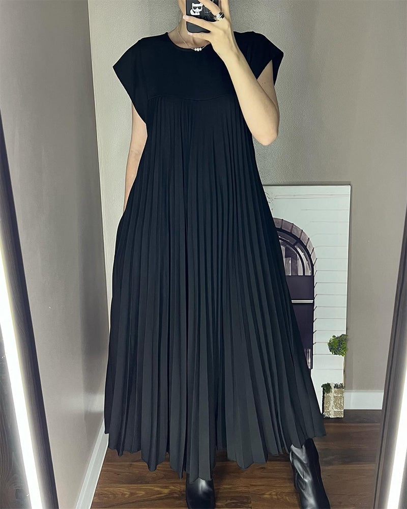 Damen Kurzarm Plissiertes Maxikleid