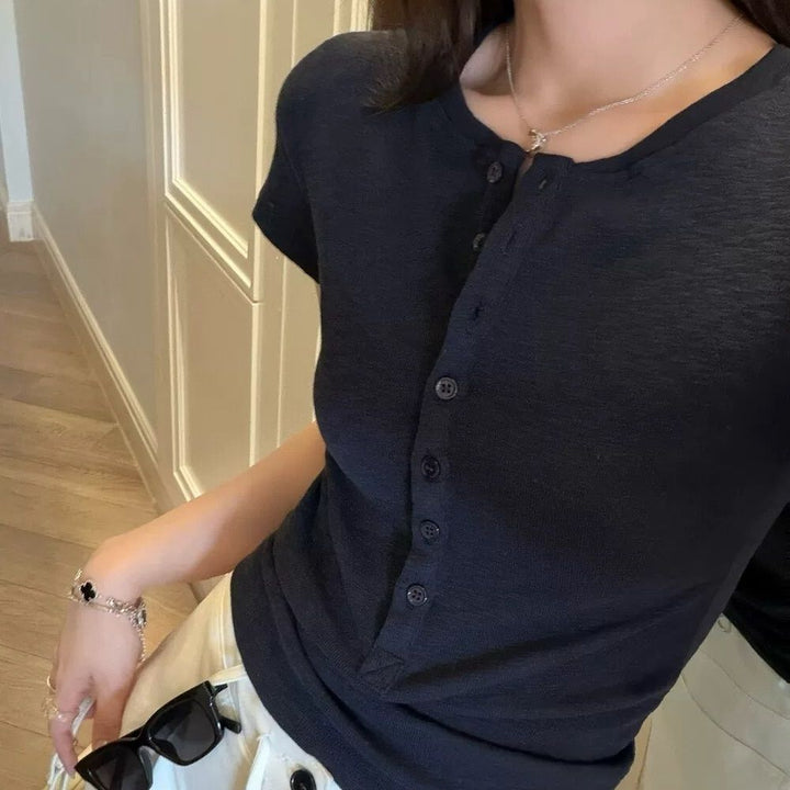 Damen Kurzarm T-Shirt Mit Knopfleiste – Lässiges Slim Fit Oberteil