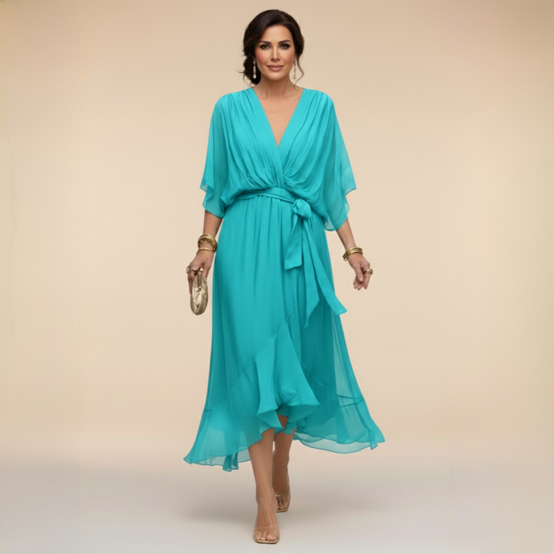 Elegantes, ausgestelltes Chiffon-Midikleid mit V-Ausschnitt und Gürtel für Damen – Perfektes Kleid für Hochzeitsgäste