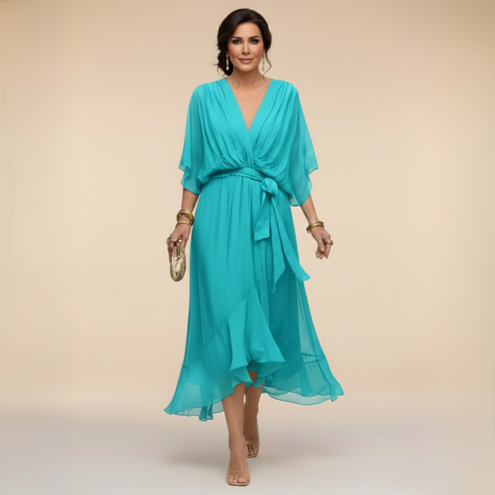 Elegantes, ausgestelltes Chiffon-Midikleid mit V-Ausschnitt und Gürtel für Damen – Perfektes Kleid für Hochzeitsgäste