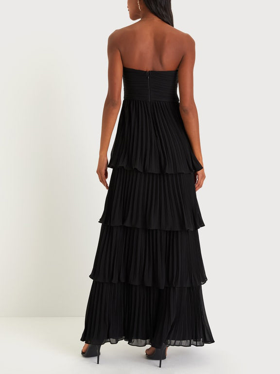 Damen Trägerloses Gerafftes Gestuftes Maxi Anlasskleid – Elegantes Abendkleid