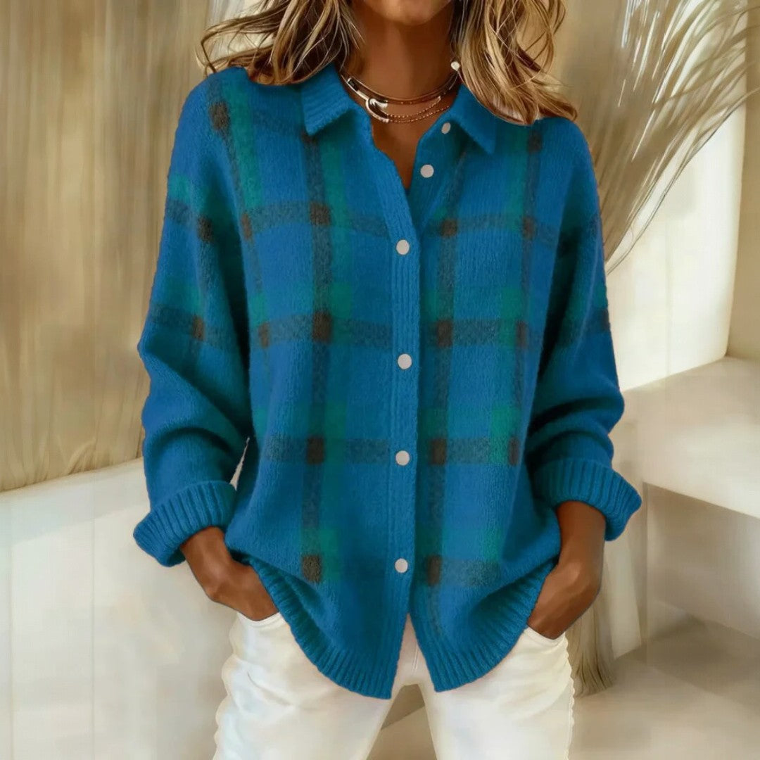 Damen Locker Geschnittener Knopfstrick Cardigan - Stilvolles Karo Design