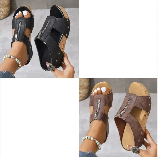 Damen Leder Plattform Hausschuhe