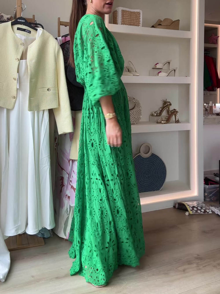 Damen V-Ausschnitt Oversize Maxi Spitzenkleid Mit Geraffter Taille – Elegantes Fließendes Kleid
