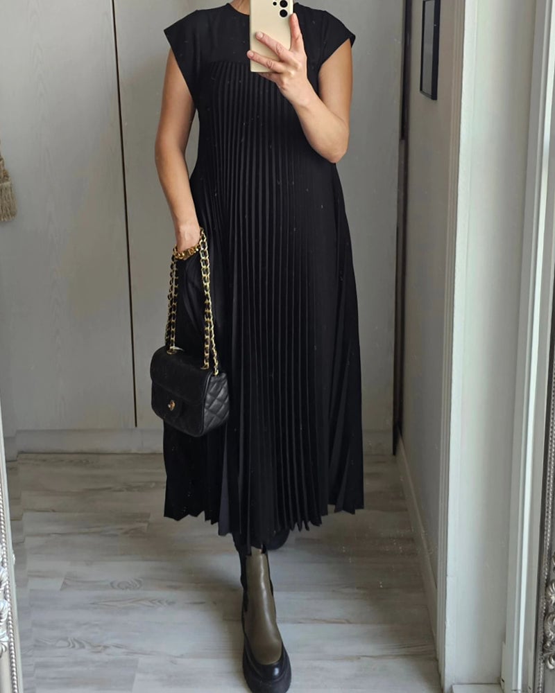 Damen Kurzarm Plissiertes Maxikleid