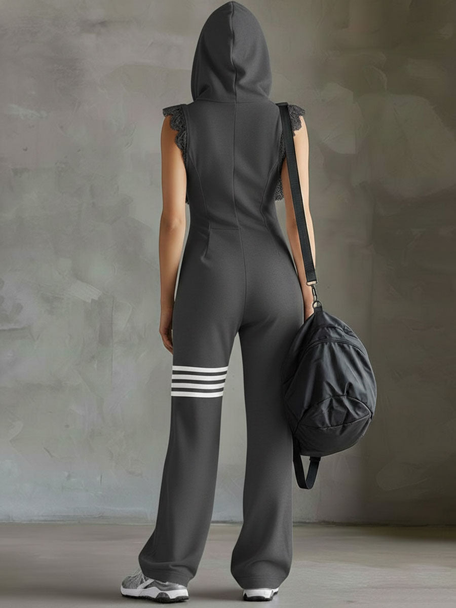 Damen Ärmelloser Langer Jumpsuit - Hoodie Gestreiftes Casual Outfit
