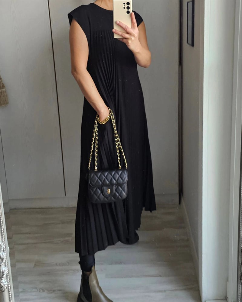 Damen Kurzarm Plissiertes Maxikleid
