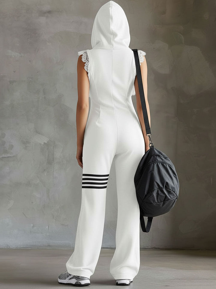 Damen Ärmelloser Langer Jumpsuit - Hoodie Gestreiftes Casual Outfit