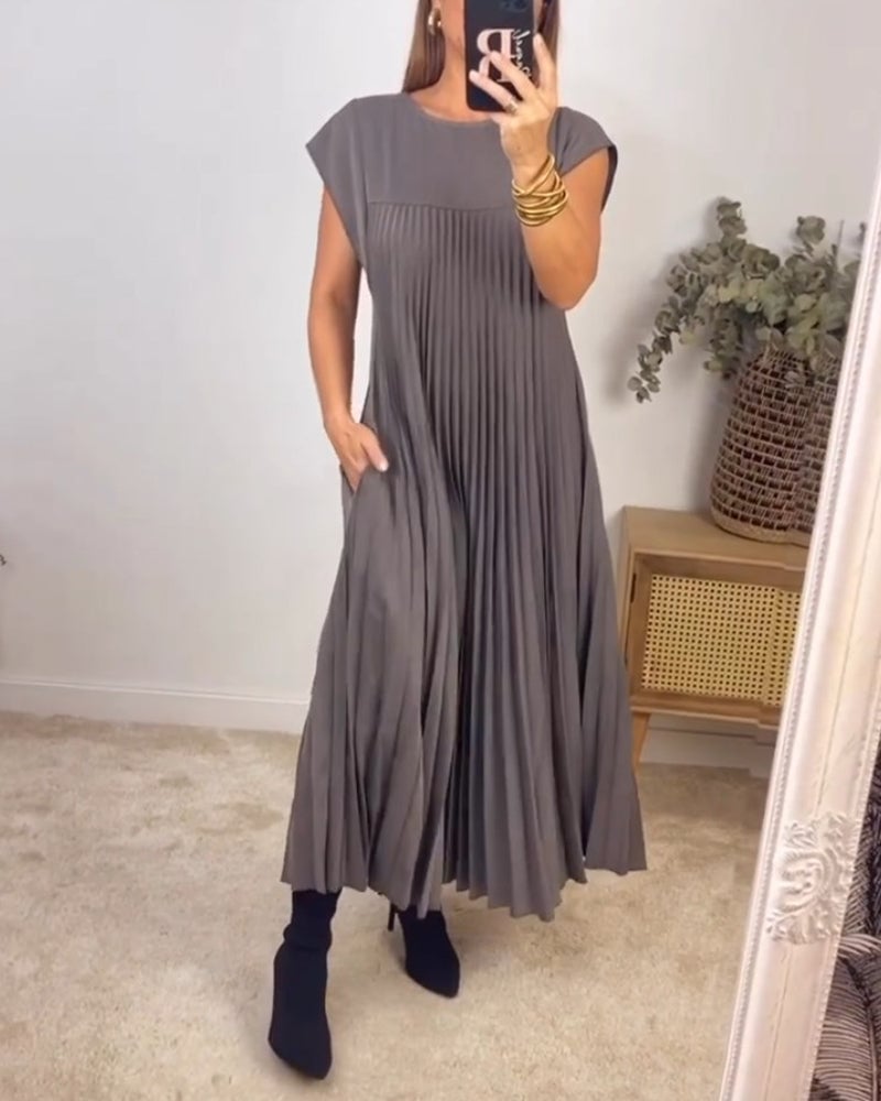 Damen Kurzarm Plissiertes Maxikleid