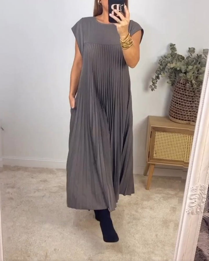 Damen Kurzarm Plissiertes Maxikleid