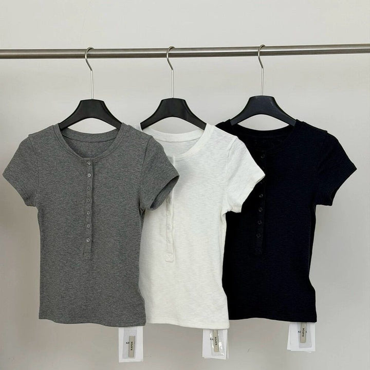 Damen Kurzarm T-Shirt Mit Knopfleiste – Lässiges Slim Fit Oberteil