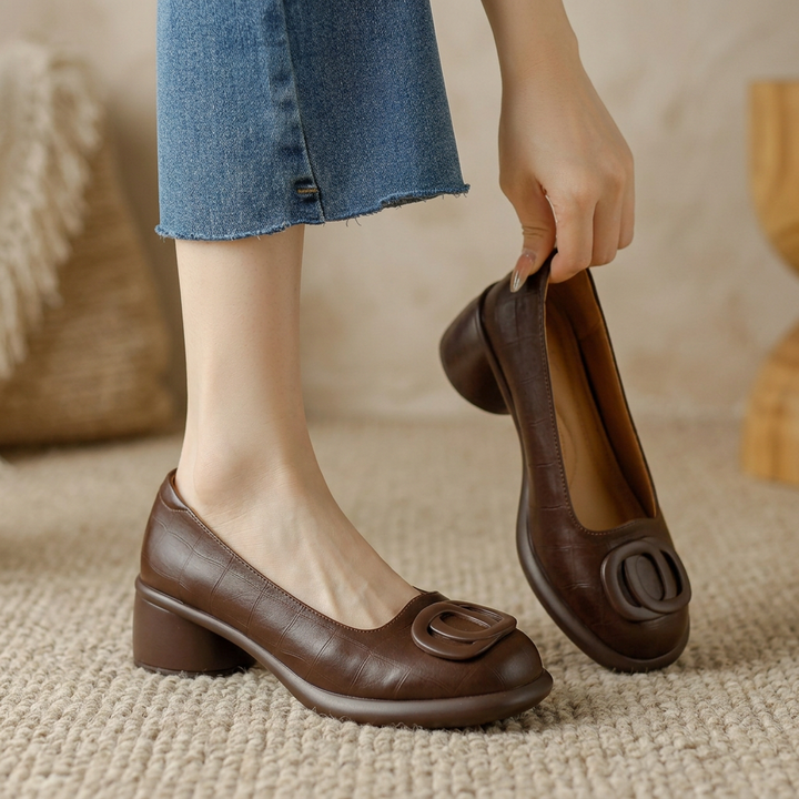 Damen Braune Geschlossene Lederschuhe Mit Blockabsätzen – Stilvolles Bequemes Schuhwerk