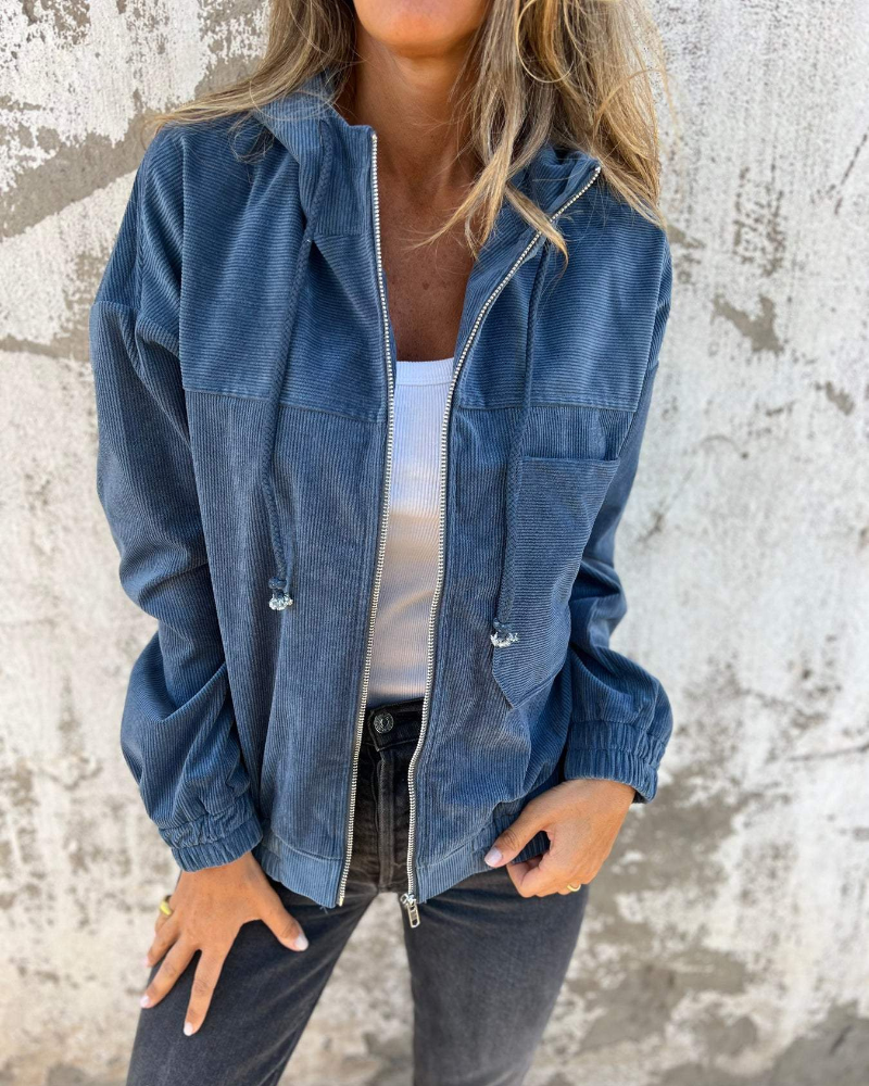 Damen Cordjacke Mit Kapuze Und Reißverschluss