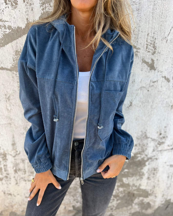 Damen Cordjacke Mit Kapuze Und Reißverschluss