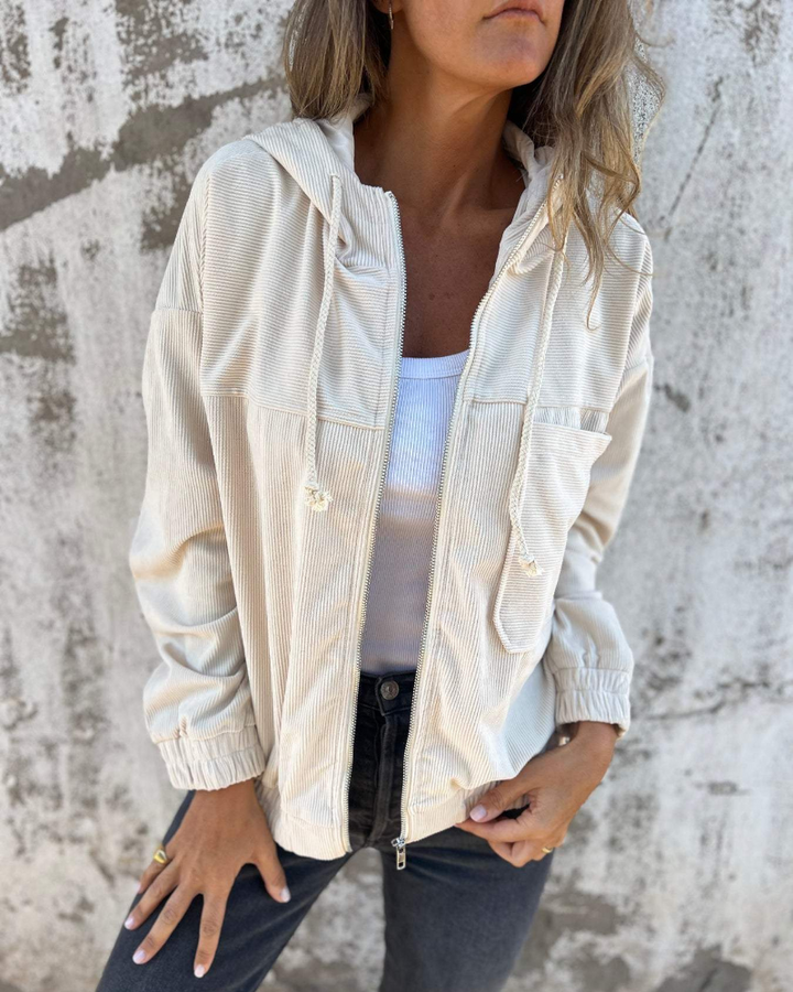 Damen Cordjacke Mit Kapuze Und Reißverschluss