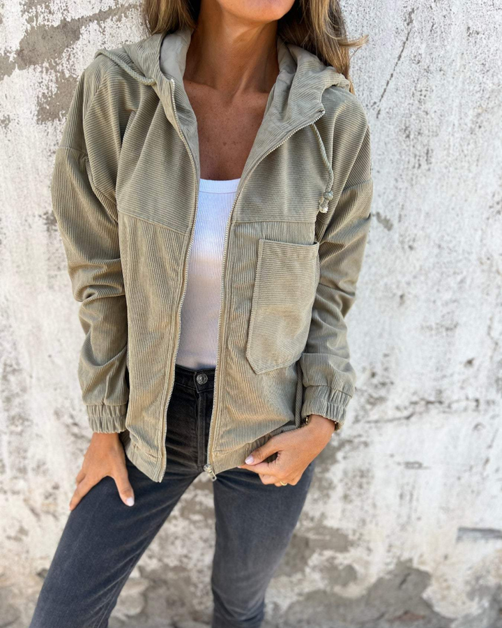 Damen Cordjacke Mit Kapuze Und Reißverschluss