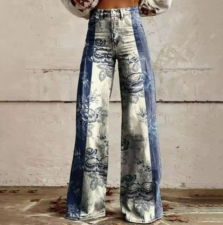 Damen stilvolle Rose Blume gedruckt Boho Denim Hose