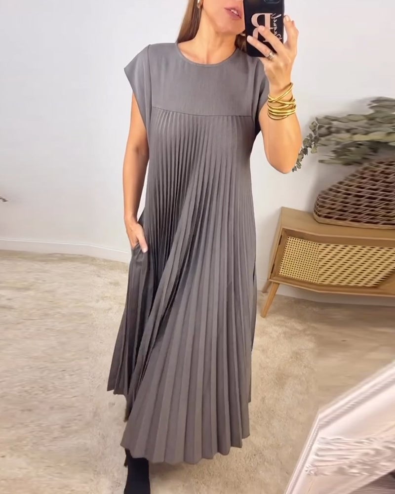 Damen Kurzarm Plissiertes Maxikleid