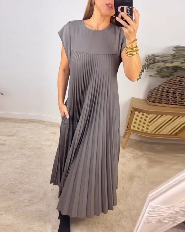 Damen Kurzarm Plissiertes Maxikleid